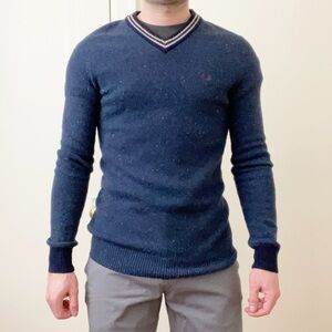 Fred Perry Men’s Lambswool Blend Stripe V-Neck Sweater Size XS Blue Slim Fit